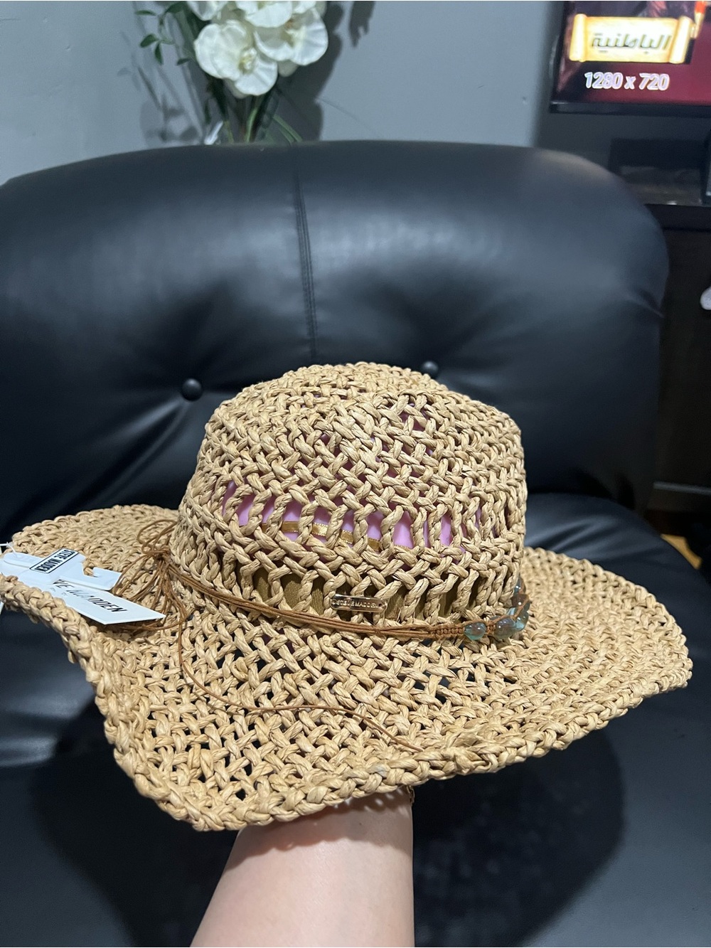 Steve Madden Natural Woven Straw Hat with Beaded Band